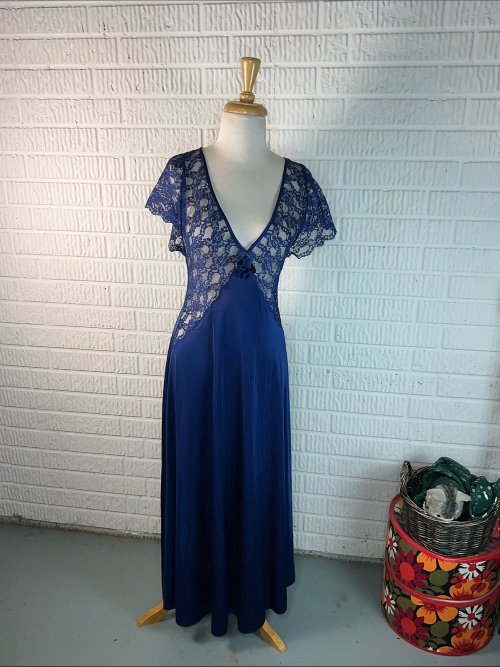 Val Mode Vintage Navy Lace V-Neck Maxi Nightgown